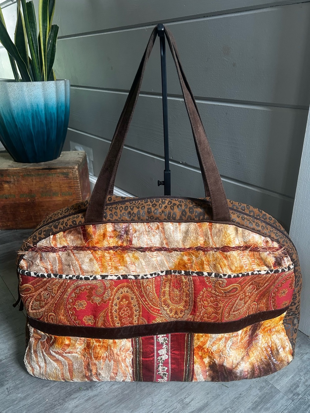 Atenti USA Made Velvet Brocade Leopard Overnighter Weekender Travel Bag